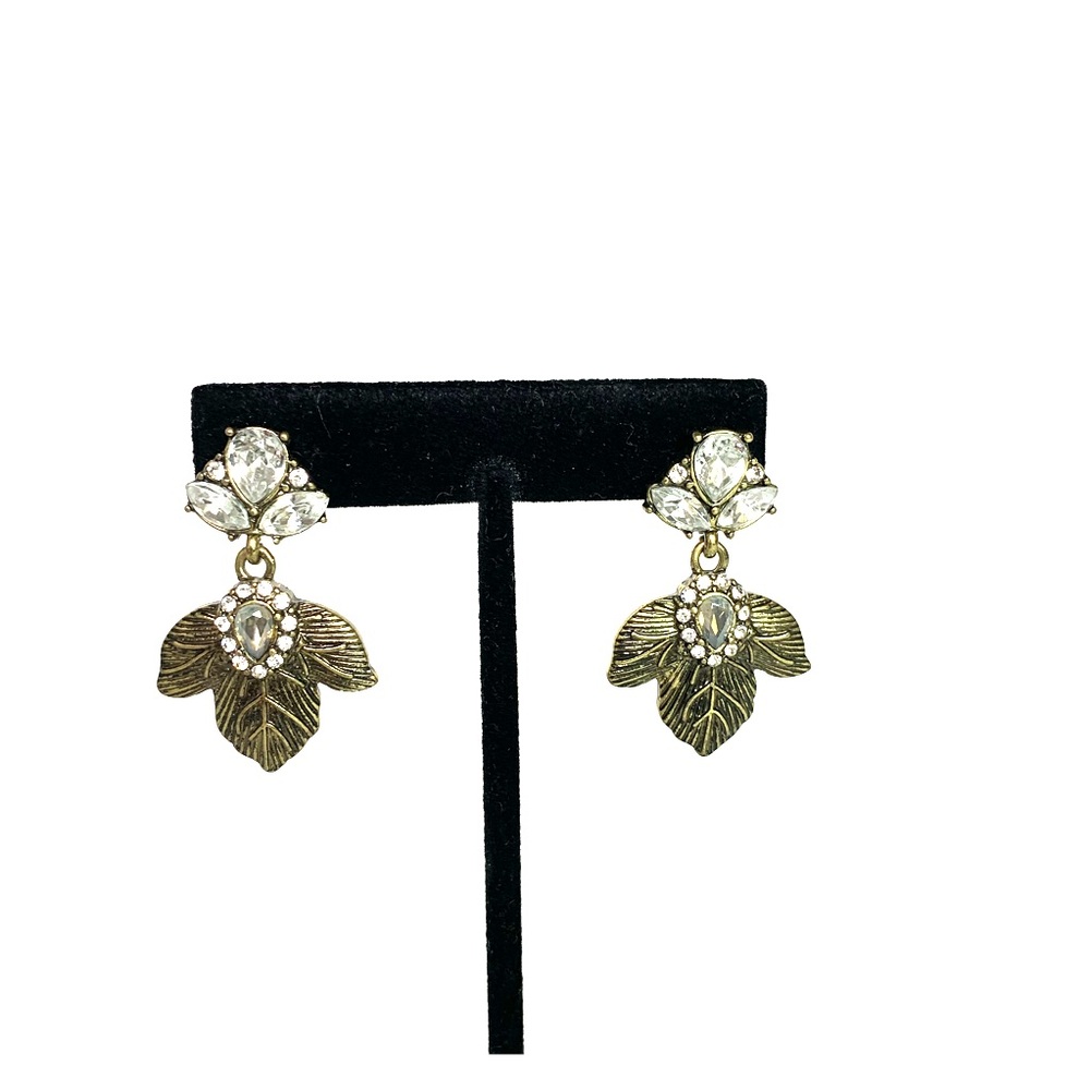 Costume jewelry leaf and rhinestone earrings